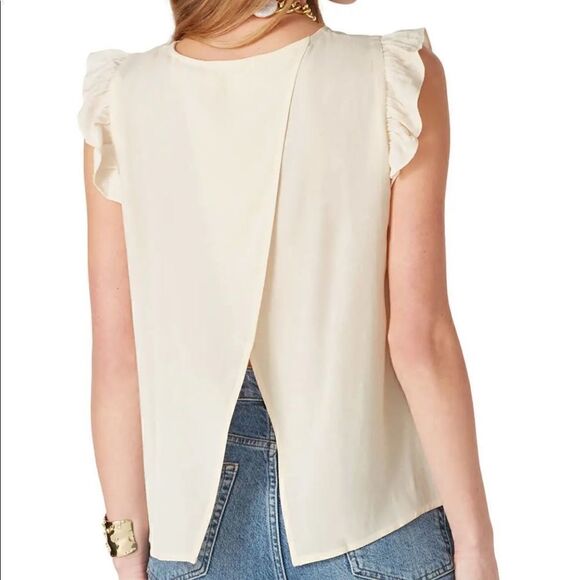 Ba&sh Fani Top wrap  Back Flutter Sleeve Crew Neck Crepe Blouse  Cream, S; M; L - Picture 3 of 12